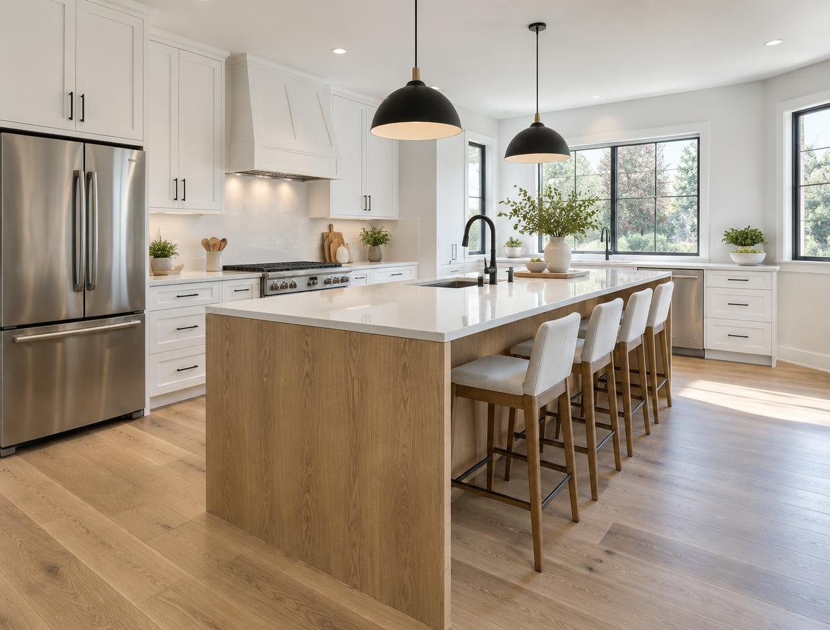 Home remodeling Rochester NY — white cabinetry and oak island in a remodeled kitchen