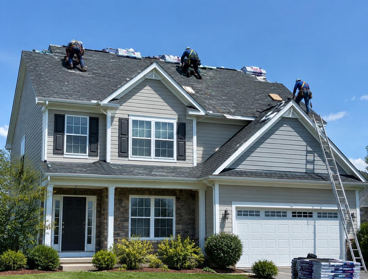 Home remodeling Rochester NY — roofing crew installing new asphalt shingles on a rochester home